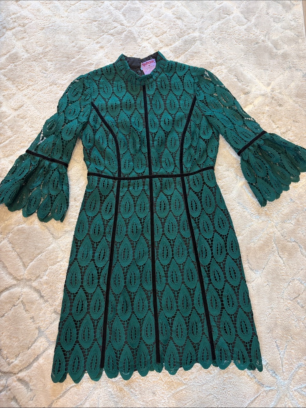 New ALC Green Lace Fit-and-Flare Dress with Bell Sleeves